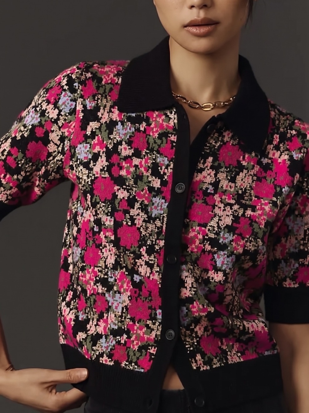 NWT - Anthropologie -Maeve Black & Pink Floral Button-Front Cardigan - SIZE L